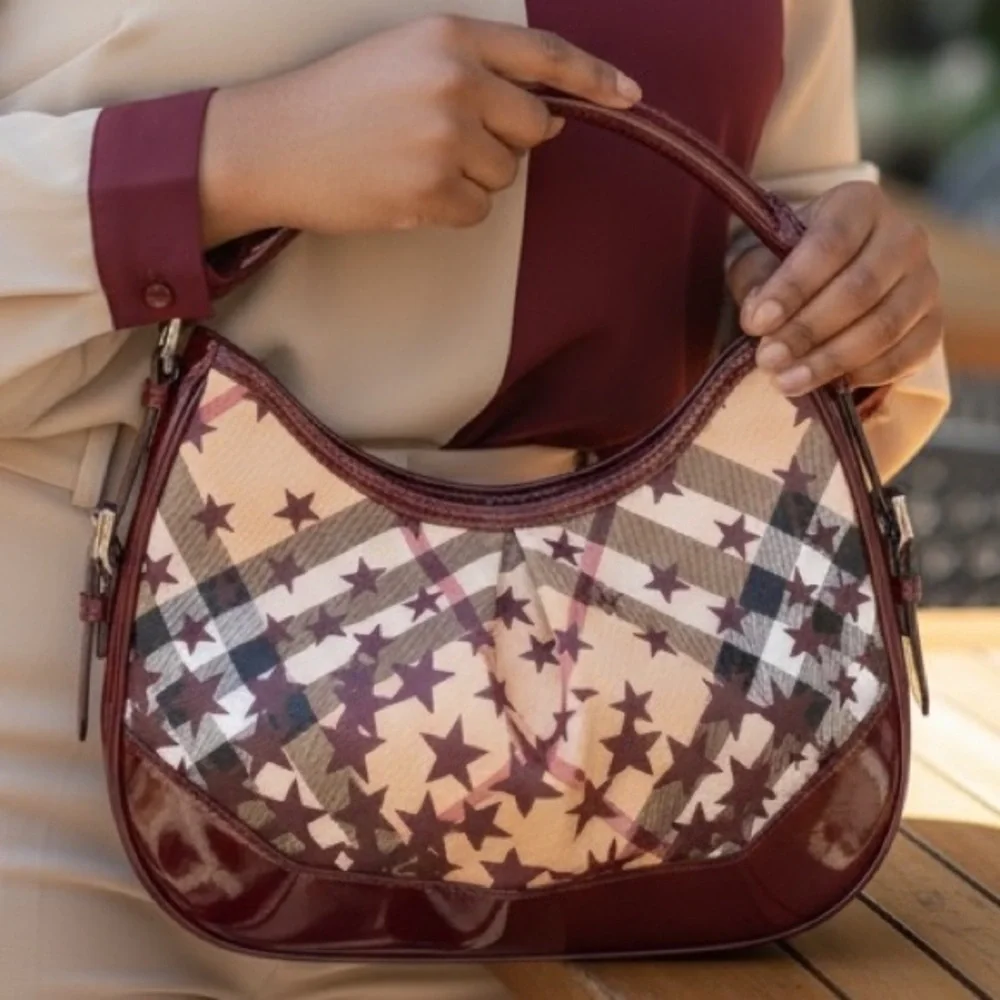 BURBERRY Maroon & Tan Star Print Canvas & Patent Leather Handbag, EUC